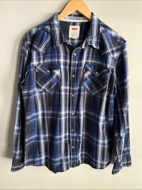 Levi’s Blue Plaid Western Snap Button Shirt Cotton Casual Grunge L